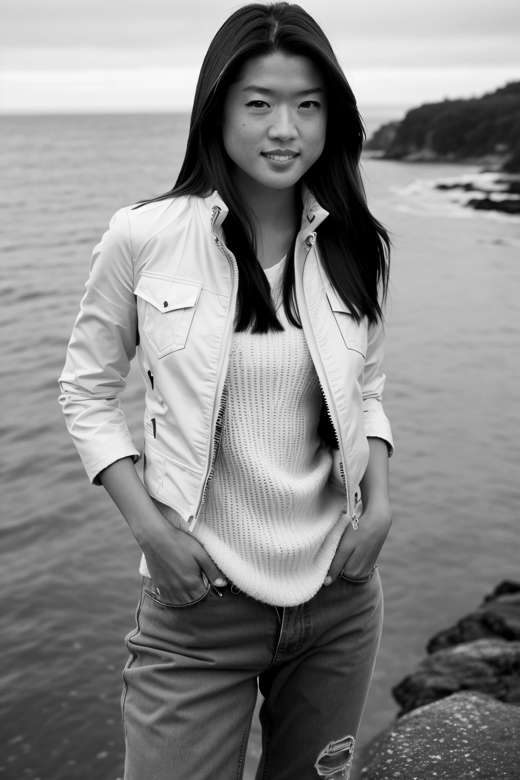 b&w photo of woman, gracepark, long hair, half body, body, high detailed skin, smile, looking at viewer, jacket, pants, coastline, overcast weather, wind, waves, 8k uhd, dslr, soft lighting, high quality, film grain, Fujifilm XT3 <lora:GracePark:1>