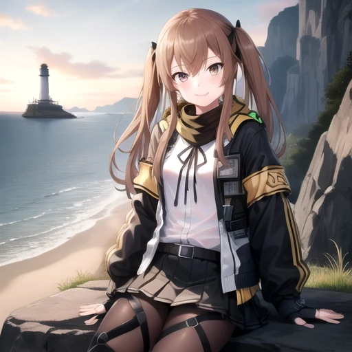 ((masterpiece)),(best quality),official art,extremely detailed CG,unity 8k wallpaper,ultra detailed,A lighthouse on a cliff by the sea,1girl,solo,cowboy shot,ump9 (girls frontline),long hair,smile,looking at viewer,fringe,hair between eyes,brown hair,brown eyes,long sleeves,pleated skirt,open jacket,hair ribbon,miniskirt,black gloves,belt,armband,white shirt,knee pads,black pantyhose,lace-up boots,fingerless gloves,black skirt,thigh strap,<lora:Ump9(gf)>,