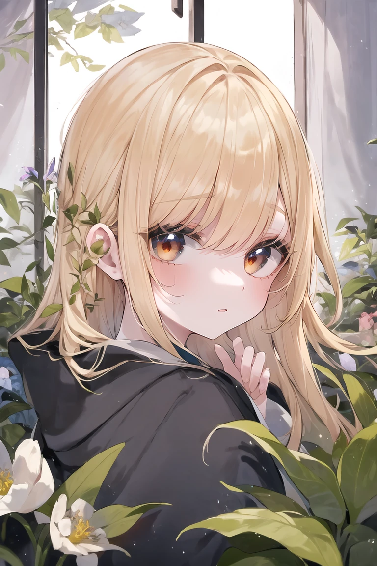 1girl, solo, witch, blond hair, from side, potion, plant, flower, muntins, window, darkness