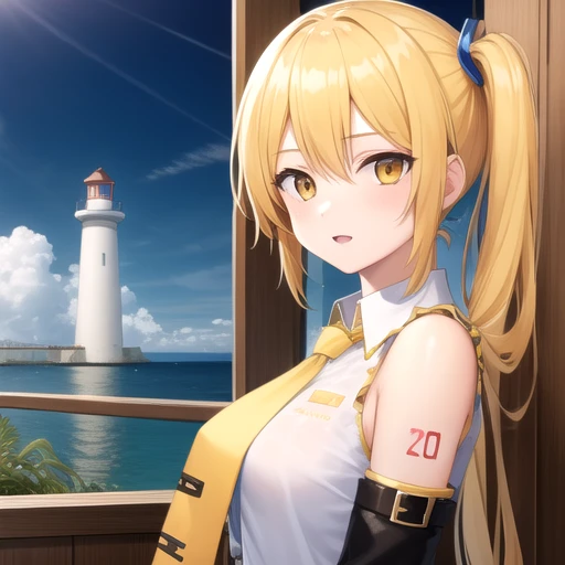 ((masterpiece)),(best quality),official art,extremely detailed CG,unity 8k wallpaper,ultra detailed,A lighthouse on a cliff by the sea,1girl,solo,upper body,(portrait:1.2),vocaloid,akita neru,very long hair,white shirt,yellow necktie,blonde hair,detached sleeves,side ponytail,yellow eyes,black skirt,pleated skirt,sleeveless shirt,zettai ryouiki,thigh boots,black thighhighs,looking at viewer,<lora:Akita Neru(vocal)>,