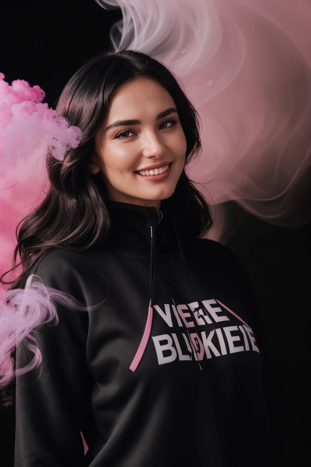 DV_Zoe_Vicious ((Black Theme, Black backdrop:1.4)) (Close-Up Shot, headshot:1.4) wearing (Black long sweatshirt :1.4) 35mm, F/2.8 ((Photo Focus, DOF, Aperture, insanely detailed and intricate, character, hypermaximalist, elegant, ornate, beautiful, exotic, revealing, appealing, attractive, amative, hyper realistic, super detailed, heresy flares)) (smiling at viewer:1.3)(volumetric pink smoke:1.3) (pink lens flare:1.2)(sharpness:1.3)(details:1.3)