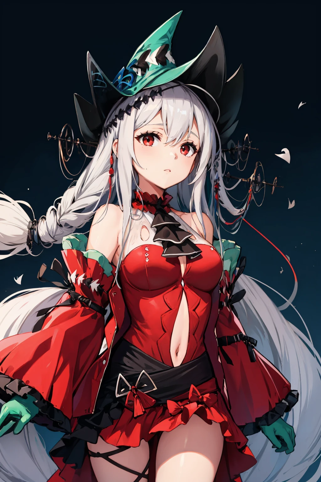 masterpiece, best quality, skadicorrupt, dress, bare shoulders, long sleeves, detached sleeves <lora:arknights_skadicorrupt:1> hat, ascot, navel cutout, gloves, wide sleeves, short dress, white hair