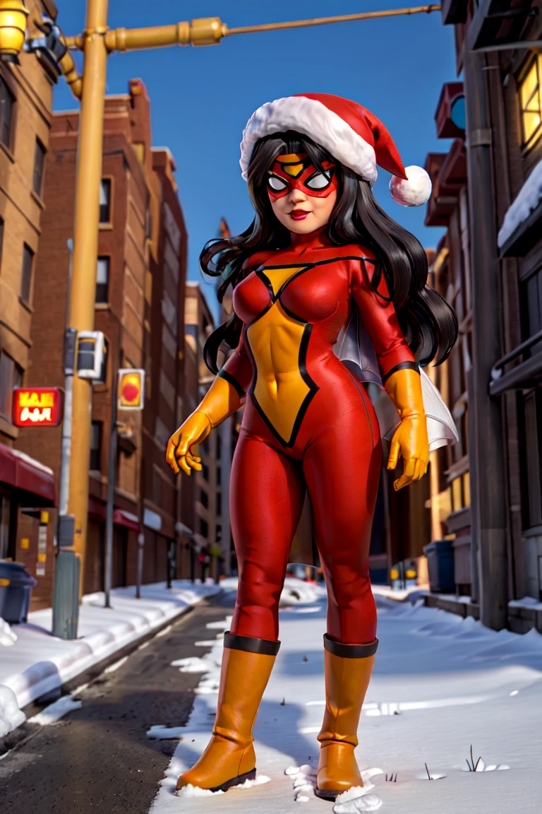 sw_jessicadrew, 1girl, solo, long hair, black hair, lipstick, santa red hat, domino mask, red bodysuit, medium breasts, yellow gloves, yellow boots, superhero, standing on street, winter, snow, nighttime <lora:Spider-Woman Jessica Drew v4.5 Merge:1>