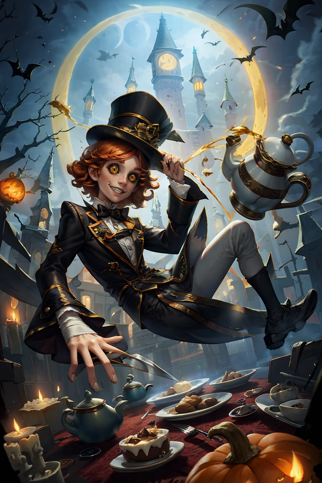 HEZI, the fifth personality, moon, hat, clock, food, cup, castle, teapot, bat \(animal\), teacup, smile, fork, ghost, yellow eyes, cake, bow, solo, teeth, top hat, curly hair, halloween, 1boy, colored sclera, pumpkin, short hair, bandages, night, 1girl, button eyes, full moon, bowtie, jack-o'-lantern, candle, knife, male focus, black headwear, black sclera, orange hair, brown hair, adjusting clothes, tea, freckles, grin, plate, cookie, socks, long sleeves, sky, table, black footwear, clock tower, shoes<lora:ç¬¬äºäººæ ¼-000010:0.7>,