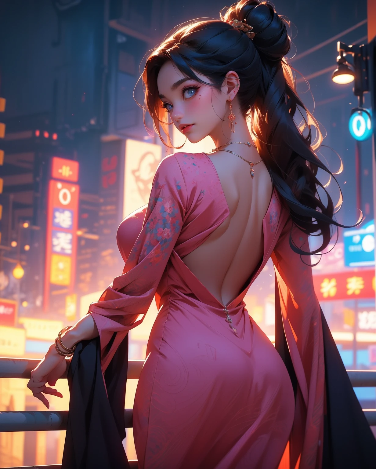 8K, Masterpiece, RAW photo, Best quality, detail:1.2), Photorealistic, Extremely detailed Cg Unity 8K wallpaper, Depth of field, Cinematic light, Lens flare, Ray tracing, (Extremely beautiful face, Beautiful lips, Beautiful eyes), intricate detail face, ((ultra detailed skin)) 1girll, In the dark, deepshadow, Pretty Korean girl, Kpop idol, (Very slim and slender muscular body:1.3), ((view the viewer)), (Big smile), (bodycon minidress), (Pink dress), (Injection sleeve), (City Night, (neon lights sign), (Night), Pretty Korean girl, Earrings, bangle, necklace, Pantyhose, Clear eyes, Walking, (Pale skin), Face forward, (Big eyes), ((upperbody shots)), tightly dress, Silk dress, Turn Back, Back shot, Very slim, slander