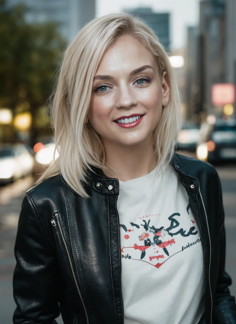 portrait photography, black leather jacket, white tee, smile, Berlin background, soft colors, bokeh, (high detailed skin:1.1)
<lora:emily_kinney_lora_v01:1> 3mk1n1