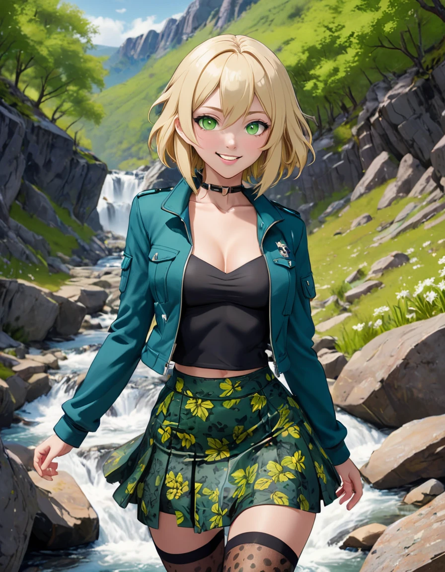 (Space Western:1.5), (3d anime style:1.5).
(close shot, zoomed in upper body portrait:1.3). A giggling, (perfect teeth:1.3) calm nubile tall young 21 year old (Mandarin:1.3) (goth:1.3) woman with short straight layered blonde hair,, dark blue eyes, (medium breasts:1.3), toned ass, (perfect hands:1.3).
She is wearing (teal strappy jacket, skirt, and tights, sandals:1.1).
She is sensually walking facing down, in a stream with crevices and rocks in the background, rocky landscape with (cheetah print leaves:1.5), (light green flowers:1.5) and (leopard print sky:1.5) with (gas giant overhead:1.5). noon, overcast.
.cinematic lighting, vibrant colors, detailed skin texture, detailed cloth texture, beautiful detailed perfect face, intricate sharp details, ultra high res