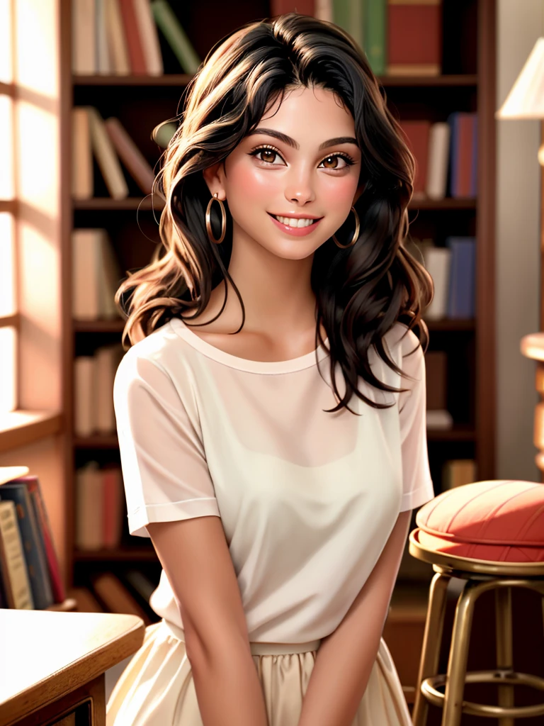 Realistic photo of a beautiful m0r3n4b woman, 1girl,long hair,looking at viewer,smile,black hair,brown eyes,upper body,teeth,solo focus,indoors,grin,blurry,lips,depth of field,blurry background,realistic,bookshelf,realistic,stool,soft lighting, professional Photography, Photorealistic, detailed, RAW, analog, sharp focus, 8k, HD, high quality, masterpiece<lora:m0r3n4b:1.0>