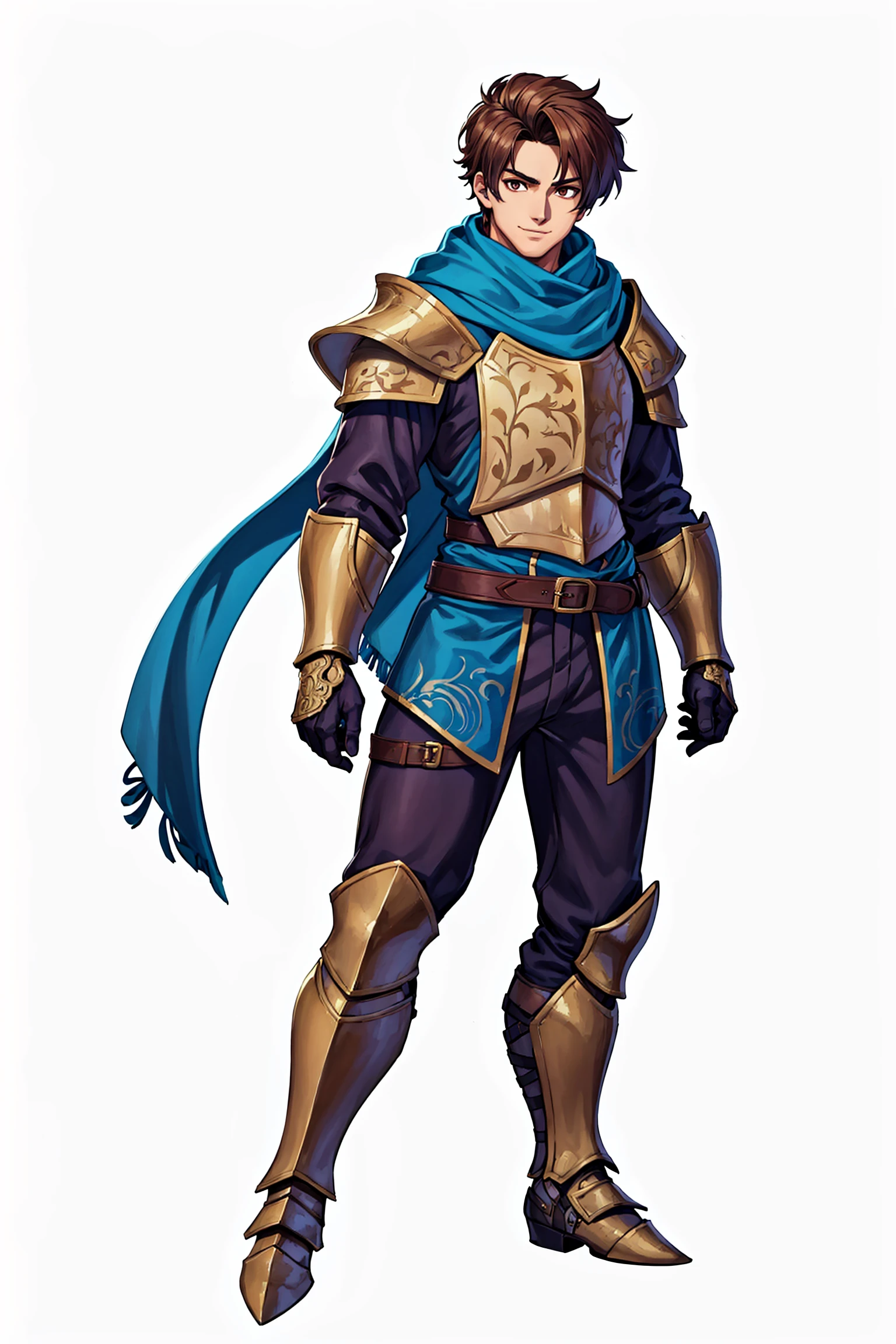 (masterpiece, best quality), highres, extremely detailed, (cg illustration),
((white background, full body, 1boy as handsome manly knight)) with
detailed face and glossy detailed brown eyes,
(painterly, depth of field), fine details, authentic, cowboy shot, medium shot,
(solo, male focus, solo focus), face focus,
(he wears ornate steel armor and armored pants and scarf) and gloves and armored boots,
(looking at viewer), confident, cool, light smile,
upright,
(sharp, cel shading), outline, dynamic lighting, toon \(style\), fantasy, baroque, traditional media, 
<lora:add_detail:0.3>,