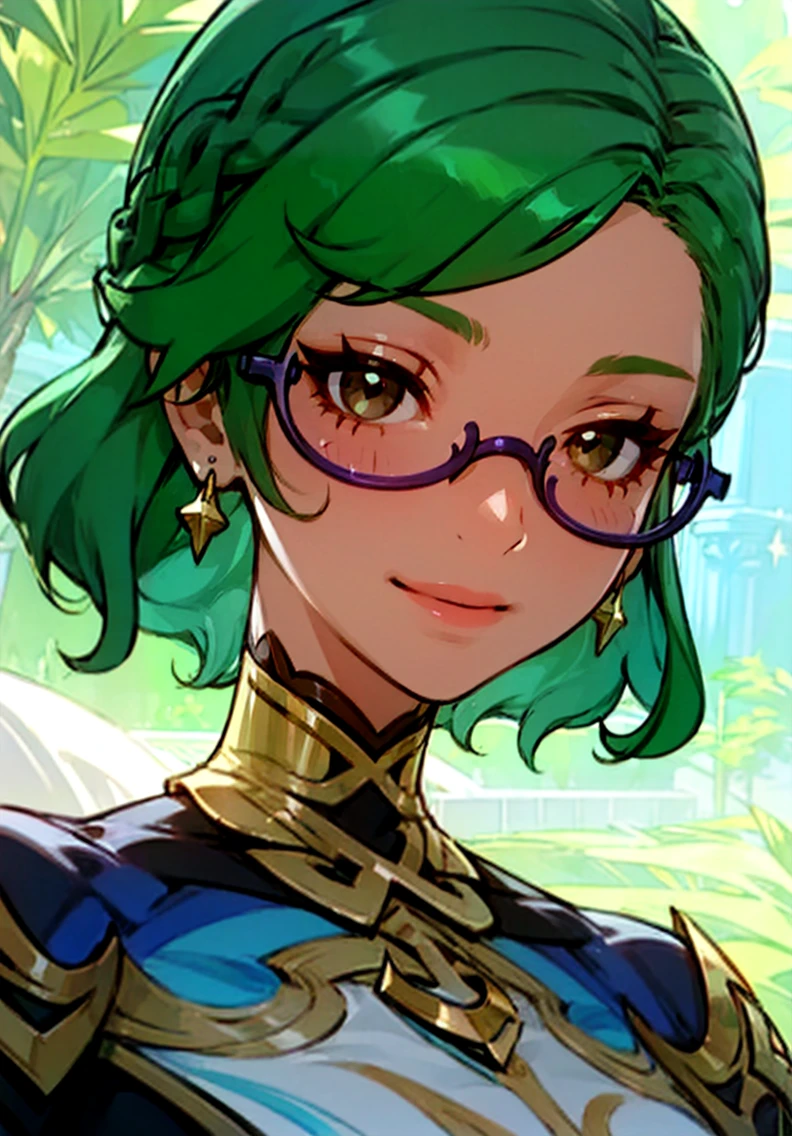 (masterpiece, best quality),(depth) of (field),  <lora:Haypasia_2:0.8> haypasia_(genshin_impact), short_hair, gold_ornaments, glasses, green_hair, brown_eyes, semi-rimless_eyewear, wavy_hair, white and blue clothes, braid, aqua_hair, face, close_up,  <lora:ratatatat74-32dim:0.8>, looking_at_viewer, smile, blush,, adult