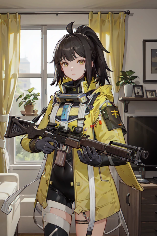 cowboy shot, holding_shotgun, SIRIS,  yellow_tactical_jacket,  bodysuit_under_clothes, black_gloves, uneven_legwear, thigh_strap, hair_ornament, black_hair, ponytail, ahoge, yellow_eyes, 1girl, solo,  looking at viewer, indoors, living room, window, dappled_sunlight,  (masterpiece,best quality,beautiful and aesthetic:1.2),    <lora:SIRIS-v1:0.7>