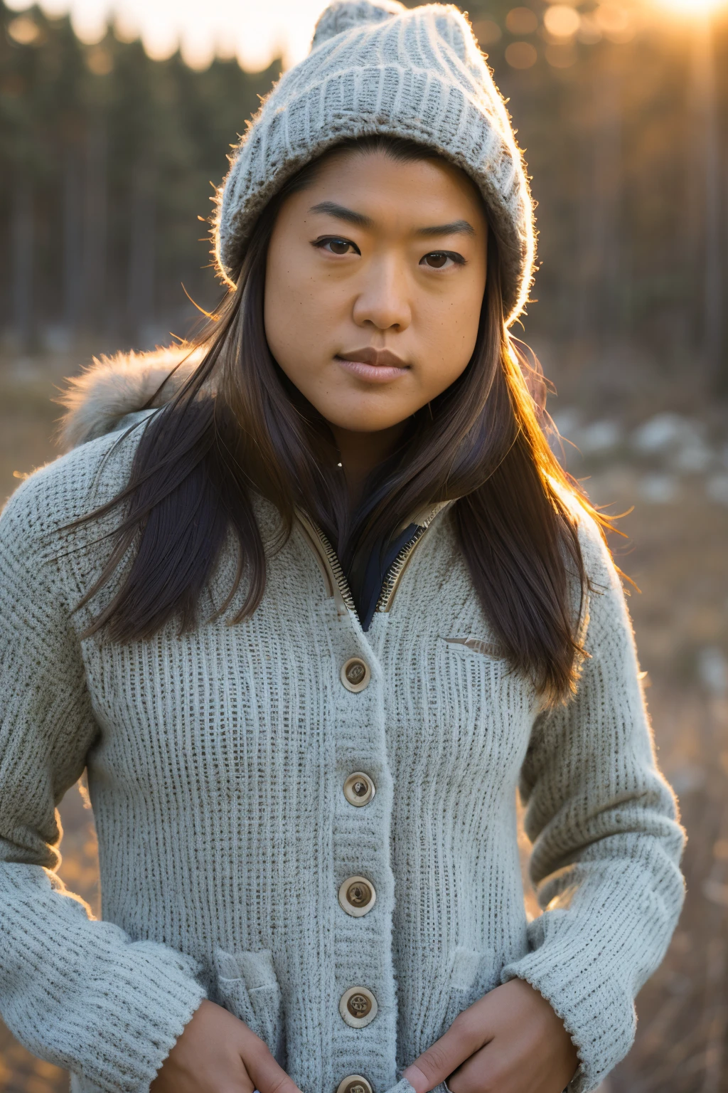 1girl, gracepark, brown hair, long hair, closed mouth, upper body selfie, masterpiece, best quality, ultra-detailed, solo, outdoors, (night), mountains, nature, (stars, moon), happy, backpack, sleeping bag, mountain boots, gloves, sweater, hat, flashlight, forest, rocks, river, wood, smoke, shadows, contrast, clear sky, analog style, (look at viewer:1.2), (skin texture), (film grain:1.3), (warm hue, warm tone :1.2), close up, cinematic light, sidelighting, ultra high res, best shadow, RAW, upper body, wearing pullover <lora:GracePark:1>