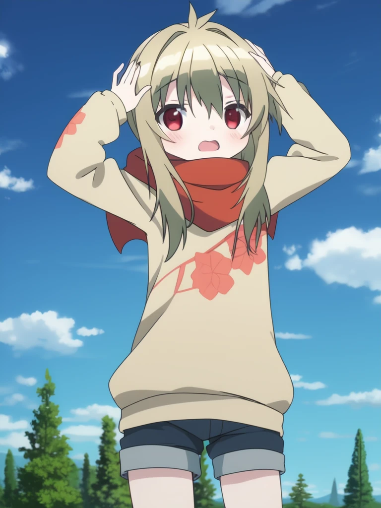 <lora:KidouinMakio:1> KidouinMakio, 1girl, solo, scarf, shorts, red eyes, red scarf, sky, open mouth, blonde hair, outdoors, hands on own head, day, cloud, long hair, sweater, arms up, tree, blush
forest,
((((masterpiece)))), high quality, very_high_resolution, large_filesize, full color