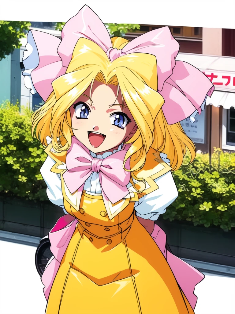 <lora:IrisChateaubriand:1>IrisChateaubriand, blonde hair, solo, 1girl, bow, ribbon, open mouth, smile, cowboy Shot,