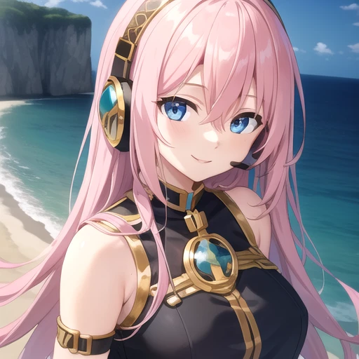 ((masterpiece)),(best quality),official art,extremely detailed CG,unity 8k wallpaper,ultra detailed,A lighthouse on a cliff by the sea,1girl,solo,upper body,(portrait:1.2),megurine luka,long hair,fringe,headset,black shirt,smile,blue eyes,hair between eyes,large breasts,pink hair,black thighhighs,headphones,black skirt,wrist cuffs,long skirt,<lora:Megurine Luka(vocal)>,