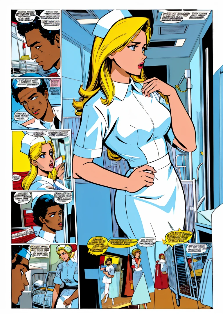 nursecomics, comic book page, nurses treating patients, diverse characters, action, Peter Fonda, romance, hospital, <lora:nursecomics:1>