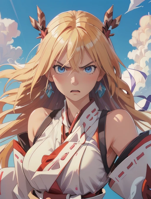 best quality, masterpiece, highres, detailed, digital artwork, <lora:Detail - add_detail:0.2>, MinervaVG, blue eyes, blonde hair, nontraditional miko, upper body, clouds, <lora:Character - MinervaVG:0.8>, heaven, sky, angry,