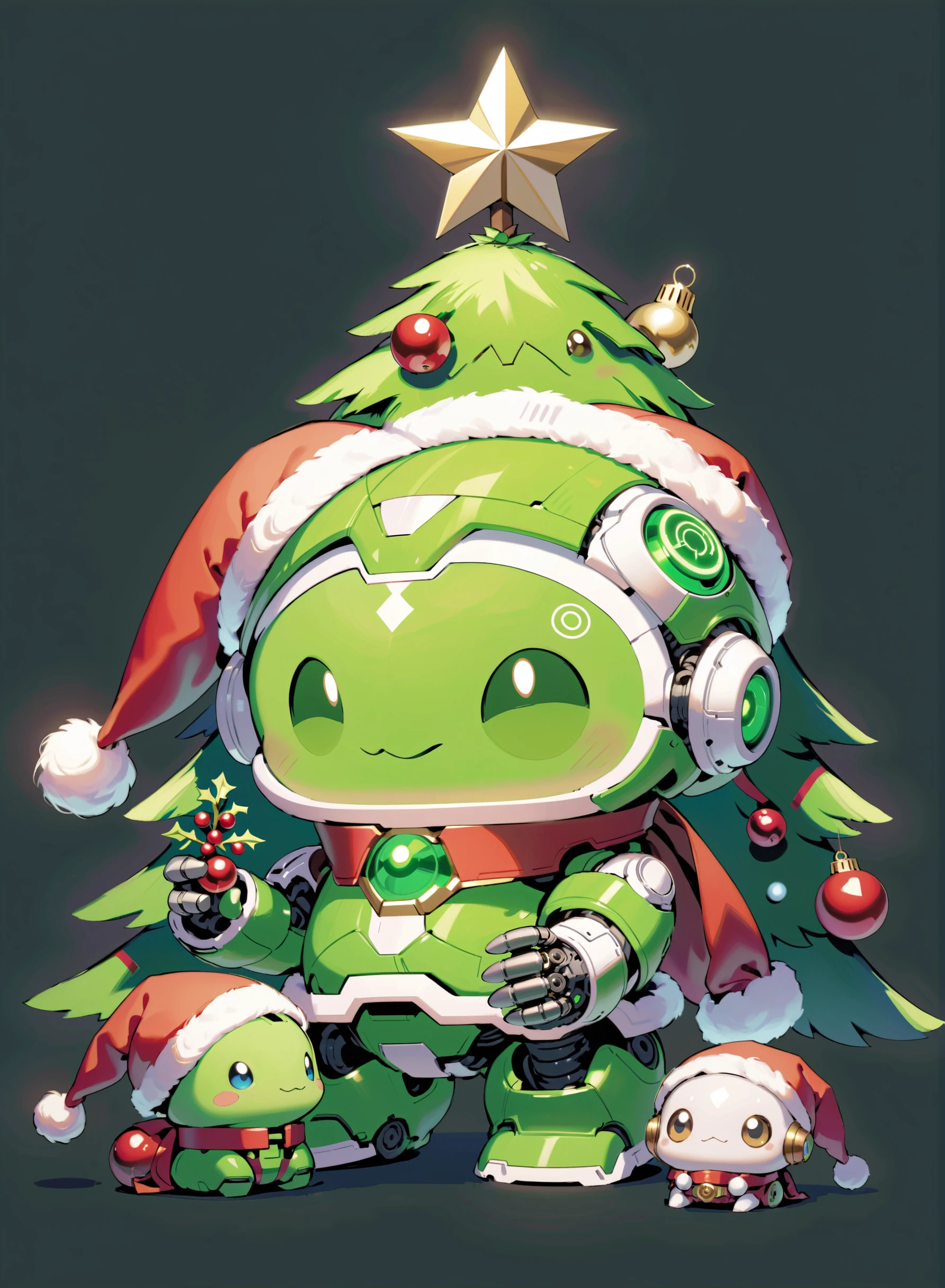 SantaTurtleOverlord, ((no humans)), Cute turtle overlord AI robot, santa, green santa outfit, santa hat, christmas, santa clothes, christmas decorations, tree, sentient AI robot, christmas theme, chibi style, <lora:Earth_SantaTurtles-XL:0.9>