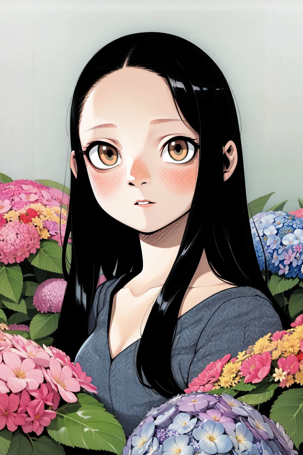 upper body, solo, 1girl, puzzled, dark brown hair, absurdly long hair, grey eyes, bright, Hydrangea \(flower\), floral background <lora:Kui_Ryouko_style_v02.10.10.03:1>