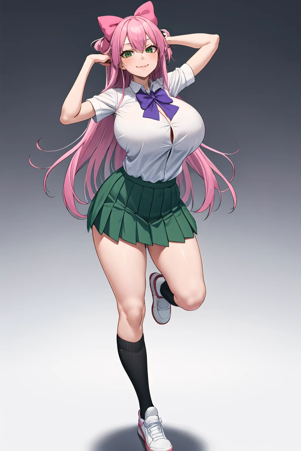 masterpiece, best quality, 1girl, solo, long hair, breasts, looking at viewer, blush, smile, bangs, skirt, large breasts, simple background, shirt, white background, bow, closed mouth, school uniform, green eyes, standing, full body, white shirt, pink hair, short sleeves, pleated skirt, shoes, socks, collared shirt, miniskirt, bowtie, huge breasts, arm up, gradient, kneehighs, gradient background, white footwear, standing on one leg, green skirt, black socks, purple bow, shirt tucked in, uwabaki, purple bowtie, tented shirt <lora:Tomioka-Sena-Style_v1:1>