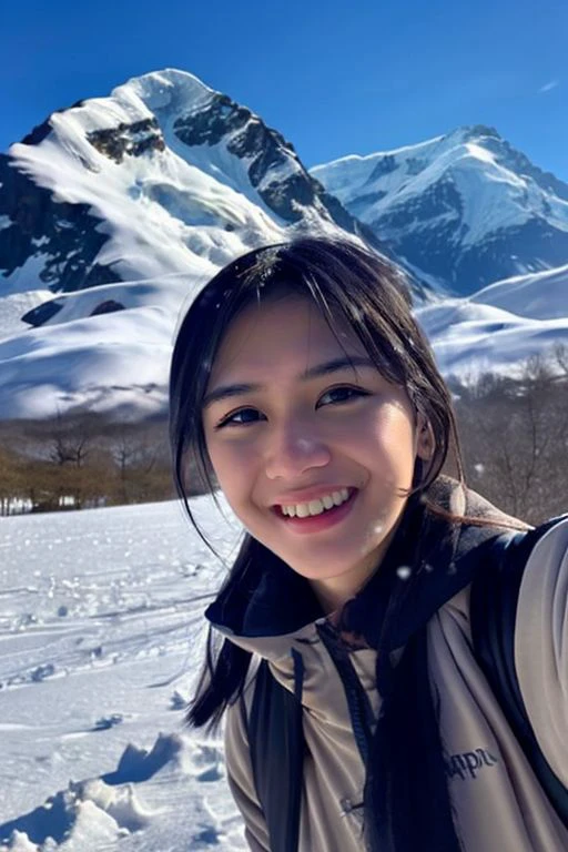 inayma, selfie, happy face, snow, snowy mountain, <lora:Celeb_Inayma:0.8>, , masterpiece, (best quality:1.2), [:intricate details:0.2],