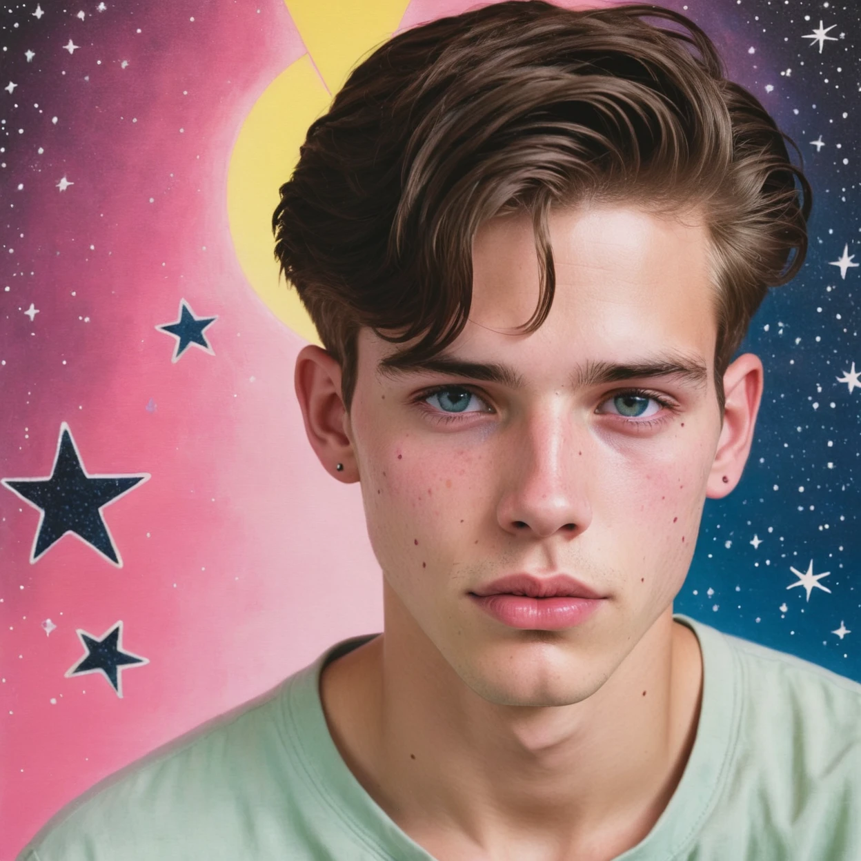 Screenprint, grand Drawing of a Soothing Mennonite (21yo Handsome:1.2) , ð¢, wearing pink, Revolting Dashed Eyes, Spiritual Lip Ring and Pins, complex background, Stars in the sky, designed by Kelly Sue Deconnick, Carolina Herrera, Fast Shutter Speed, Fujicolor C200, Zoom lens, Kodak portra, Smooth Skin,Full Body,Bold