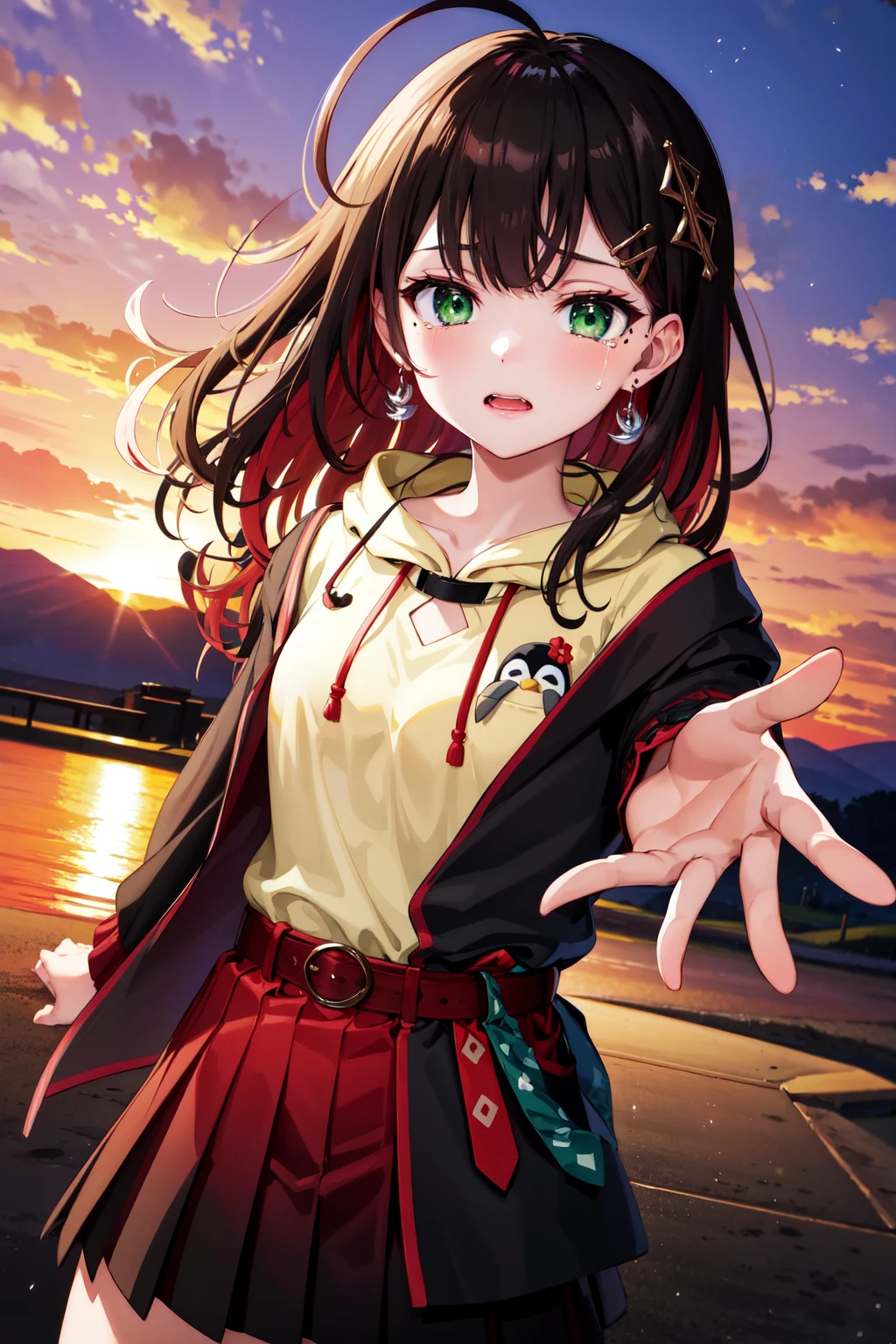 masterpiece, best quality, highres, aayui, medium hair, multicolored hair, hair ornament, ahoge, green eyes, mole under eye, earrings, collared shirt, hoodie, penguin, hood, black jacket, open clothes, long sleeves, belt, red skirt, pleated skirt, <lora:hizuki_yui_v1:0.7>, sunset, fied, reaching out, tears, cowboy shot,