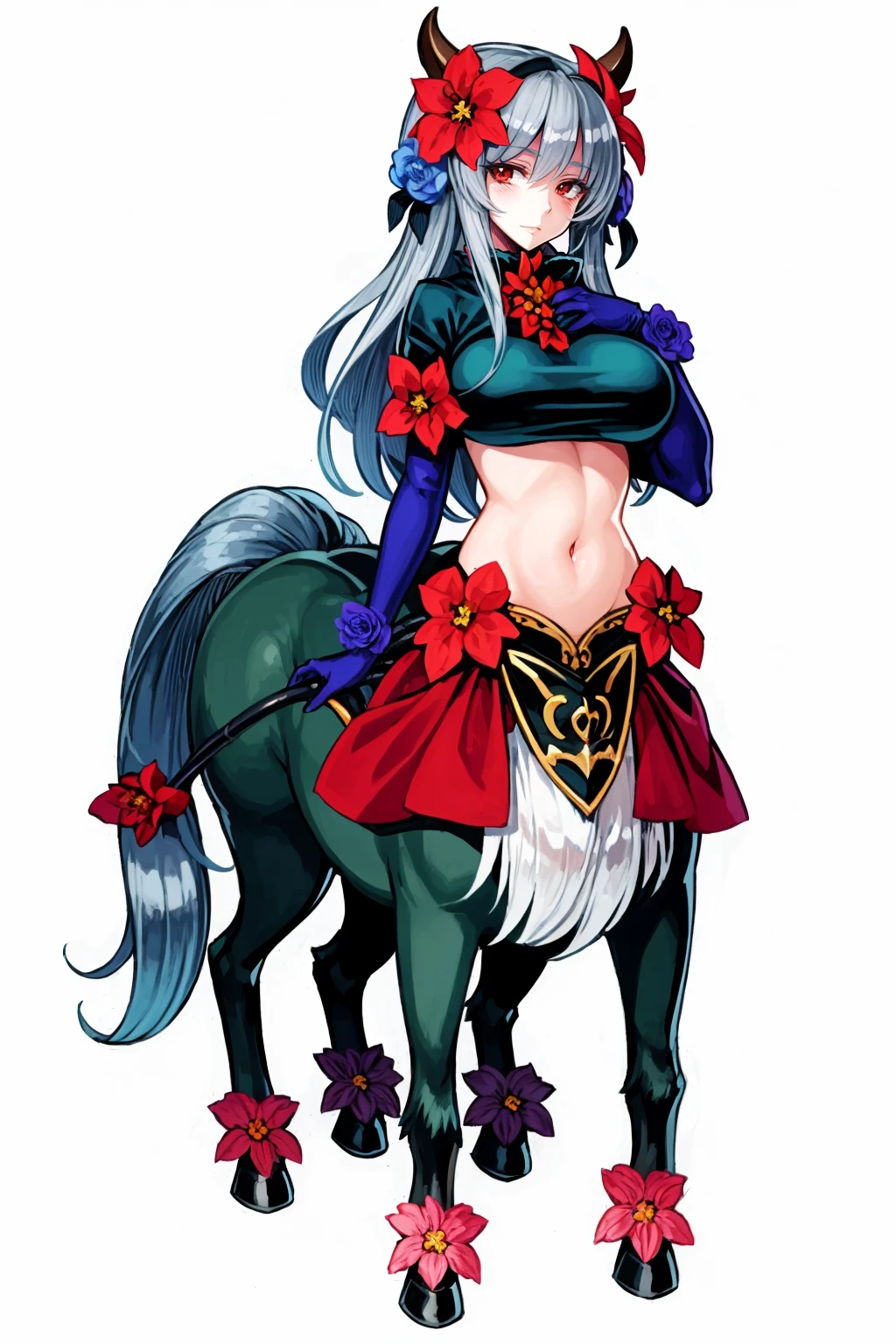 1girl, taur, solo, breasts, monster girl, flower, horns, centaur, large breasts, animal ears, red eyes, navel, full body, elbow gloves, horse ears, gloves, grey hair, hair flower, hair ornament, looking at viewer, long hair