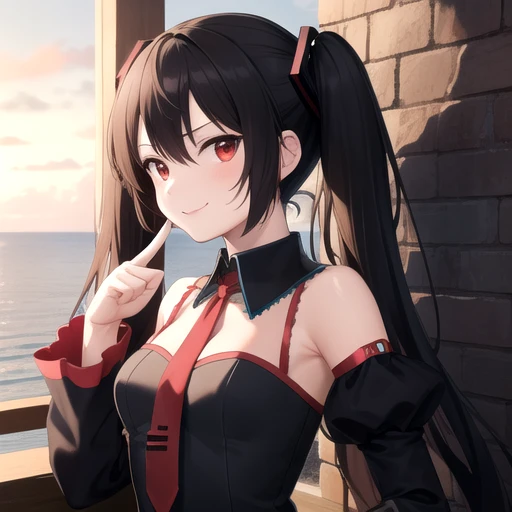 ((masterpiece)),(best quality),official art,extremely detailed CG,unity 8k wallpaper,ultra detailed,A lighthouse on a cliff by the sea,1girl,solo,upper body,(portrait:1.2),zatsune miku,scowl,middle finger,looking at viewer,black hair,black skirt,black sleeves,detached sleeves,black thighhighs,cleavage cutout,detached collar,frilled sleeves,grey collar,garter straps,frilled shirt,frilled collar,grey shirt,juliet sleeves,long sleeves,medium breasts,puffy sleeves,red necktie,red eyes,smile,twintails,very long hair,zettai ryouiki,<lora:Zatsune Miku(vocal)>,