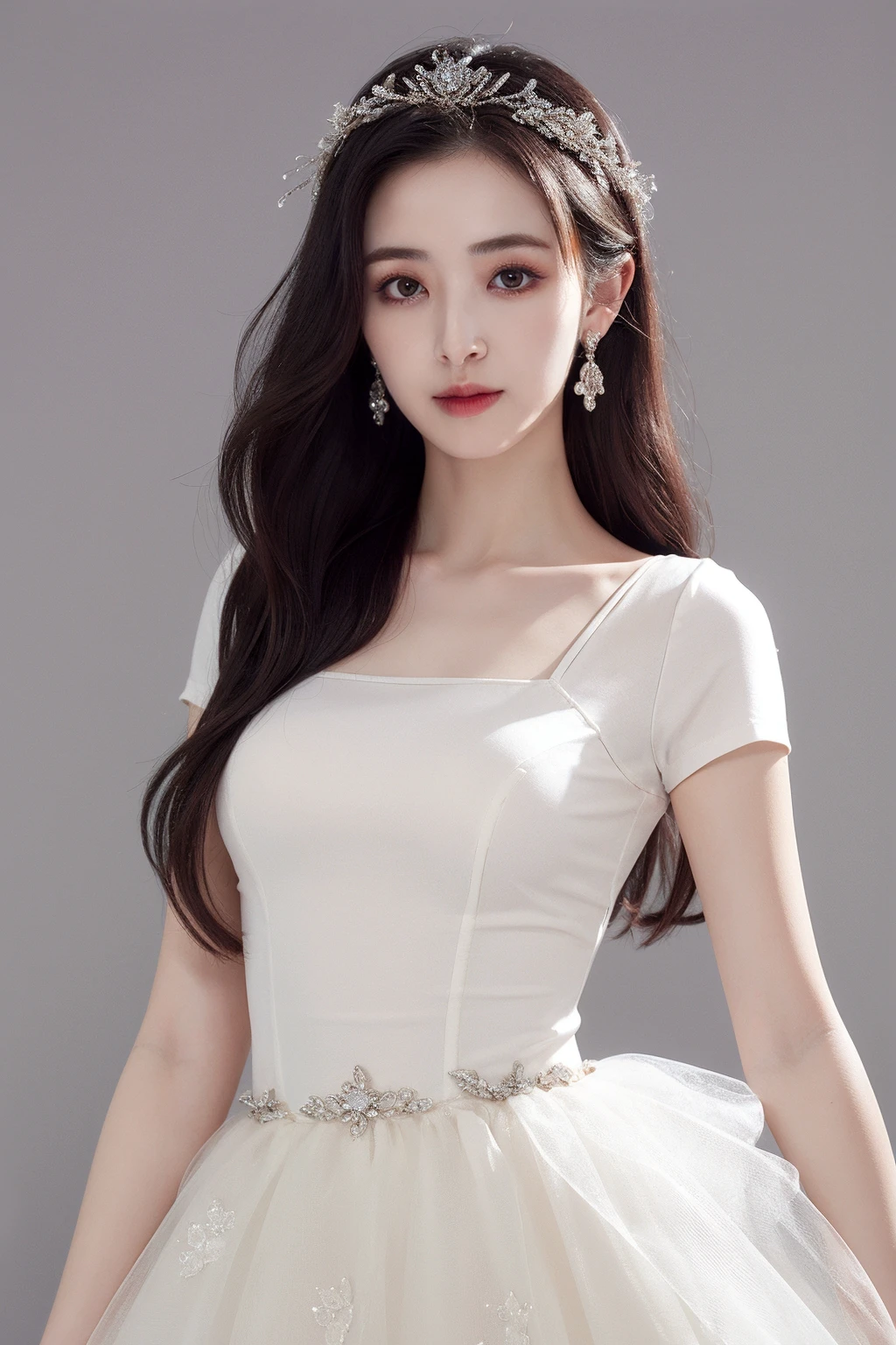 masterpiece,best quality,1girl,upper body,looking at viewer, standing,
white dress, strap dress, princess tutu, short sleeves,
long hair,narrow waist, hair ornament, round neck,
grey background,