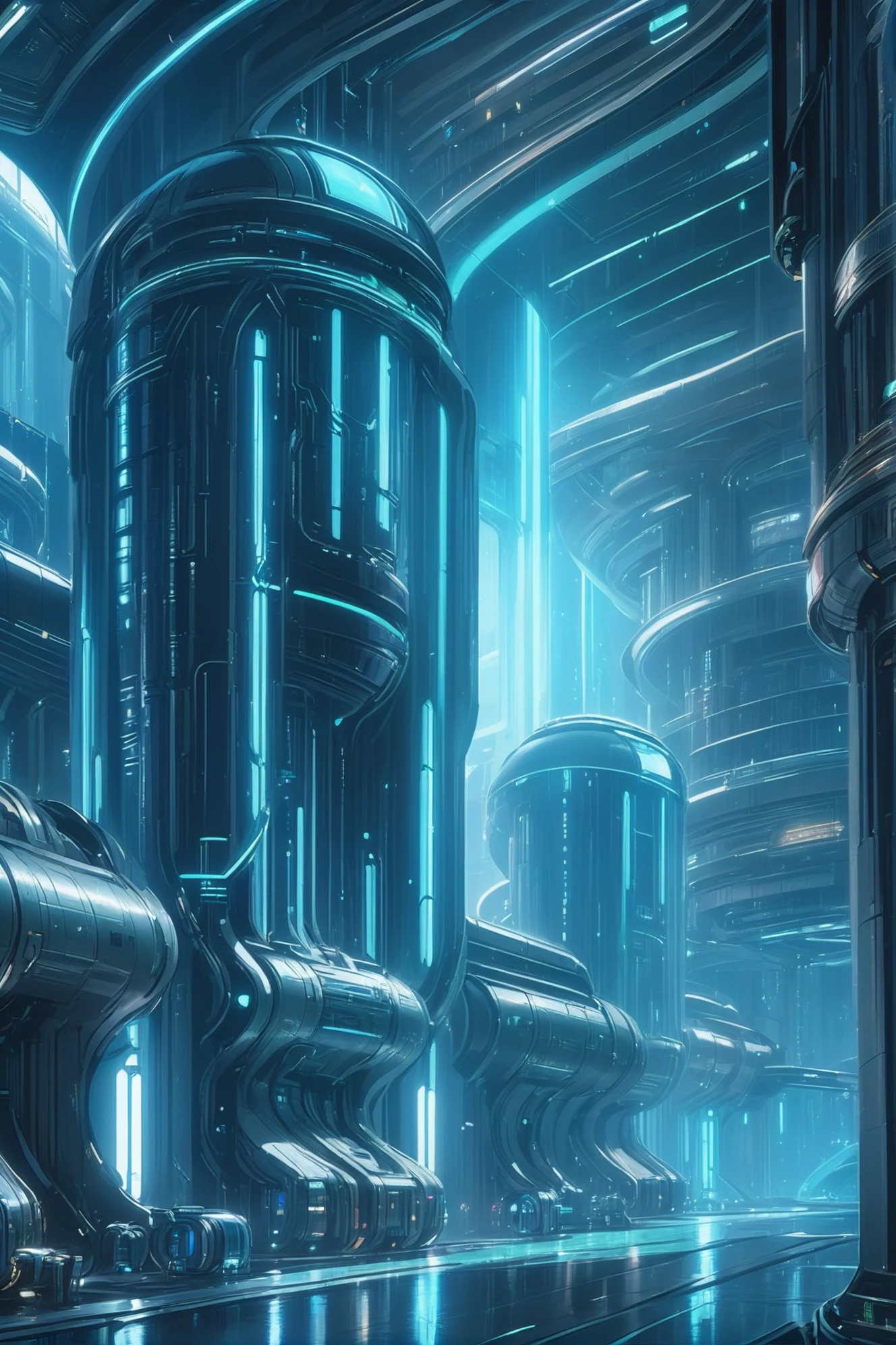 far future scifi, cinematic color grading, scifi, cistern in a mysterious,wonderous fantasy city outside of reality, masterpiece, by Eddie Mendoza<lora:EnvyScifiStreamlineXL01:1>