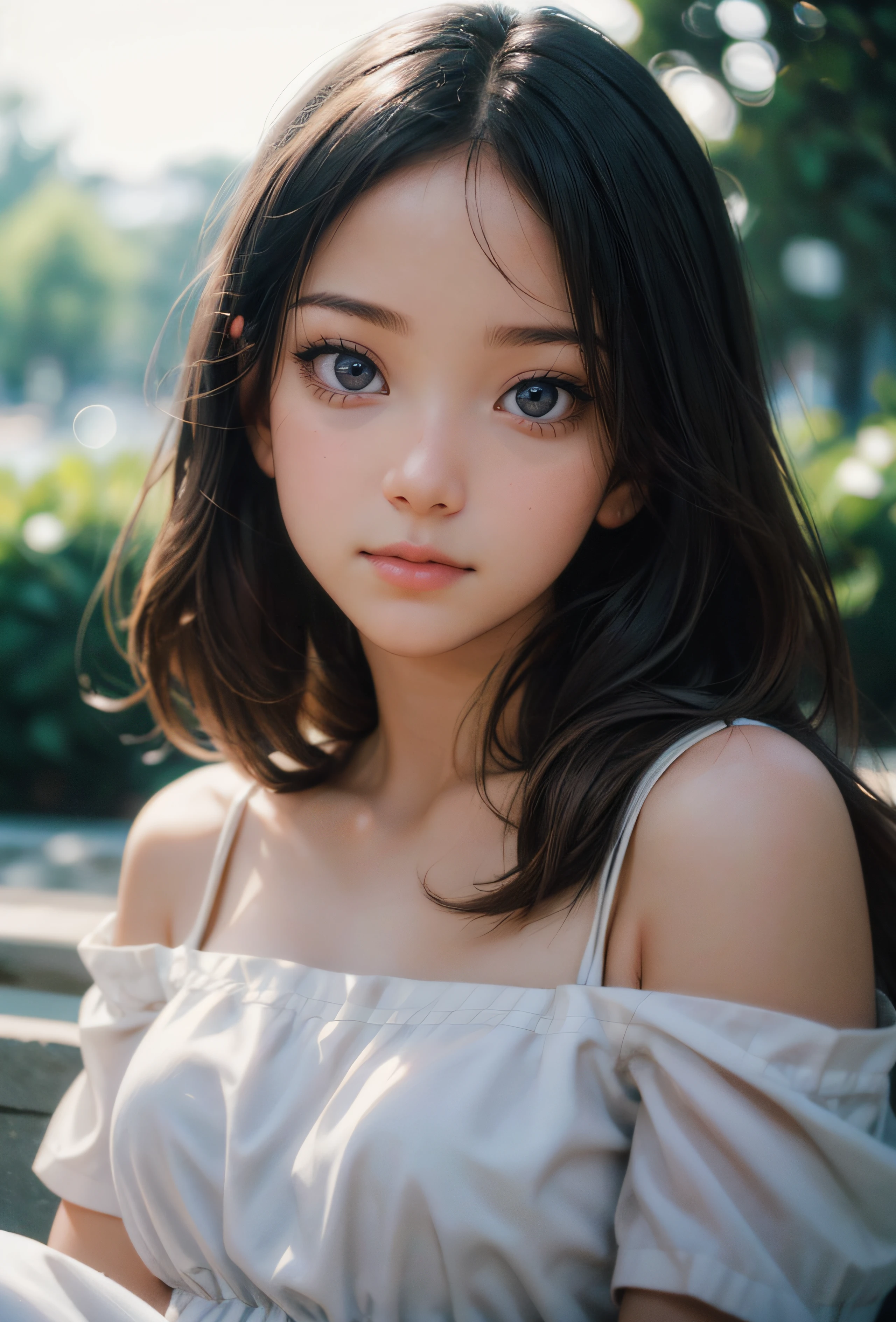 1girl, (face portrait), the most beautiful girl of the world, perfect eyes, closed mouth, looking at viewer, face imperfections, white dress, peaceful, relaxing, lo-fi, 40mm lens, depth of field, bokeh, 8k quality, RAW PHOTO, by professional photographer, rule of thirds, extremely detailed