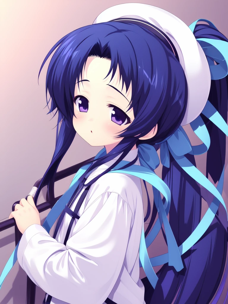 <lora:KamikuraNagisa:0.9> ãKamikuraNagisa, long_hair, ponytail, blue_hair, purple_eyes, ribbon, very_long_hair, hat,