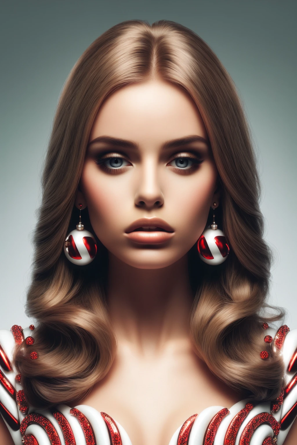photo of a beautiful woman, closeup portrait, perfect hair, (modern photo, dressmade from EPCandycaneStyle), 24mm, (analog, cinematic, film grain:1.3), (plain Agreeable Gray background, gradient:1.2), detailed eyes, (seductive pose), (epicPhoto), (looking at viewer), earrings, <lora:EPCandycaneStyle:1>