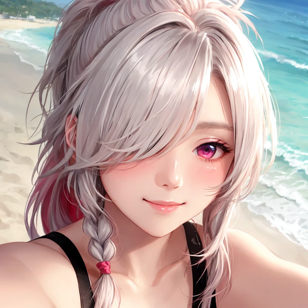 1girl, solo, detailed eyes, detailed face, reddish pink eyes, shining long hair, white hair, wild and messy hair, sidelocks, high ponytail with braids, (hair over one eye:1.3), medium firm breast, blush, subtle shy smile, beach background, (sfw), selfie, from above