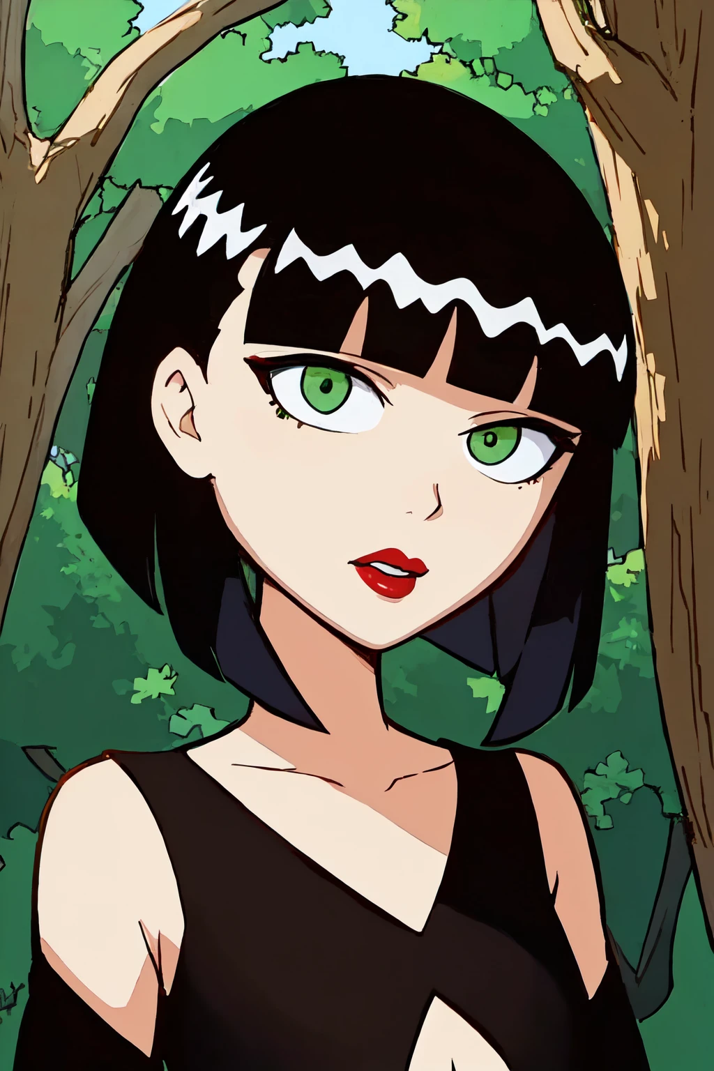 portrait, sharp focus, soft lighting,   illustration, depth of field, outdoors, trees,  ingrid, 1girl, solo, green eyes, lipstick, red lips, black hair, blunt bangs, bob cut,black dress, <lora:asanagi:0.35><lora:ingrid-000003:0.75>