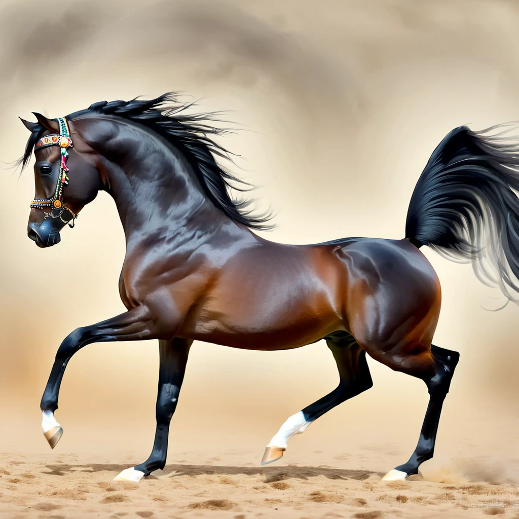 arabian horse, black, black mane and tail, full body, trotting, show, decorative halter, digital painting, <lora:Horse_Breeds-000011:1>