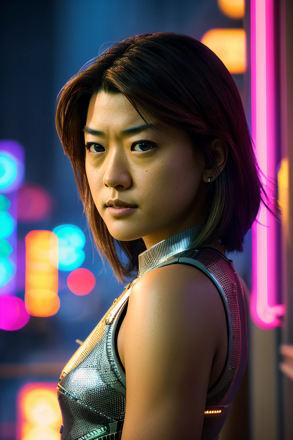 (detailed face, detailed eyes, clear skin, clear eyes), gracepark,1girl, brown hair, brown eyes, full body, looking at viewer, portrait, photography, detailed skin, realistic, photo-realistic, 8k, highly detailed, full length frame, High detail RAW color art, diffused soft lighting, shallow depth of field, sharp focus, hyperrealism, cinematic lighting, cyberpunk city, neon light, cyberpunk background   <lora:GracePark:1>