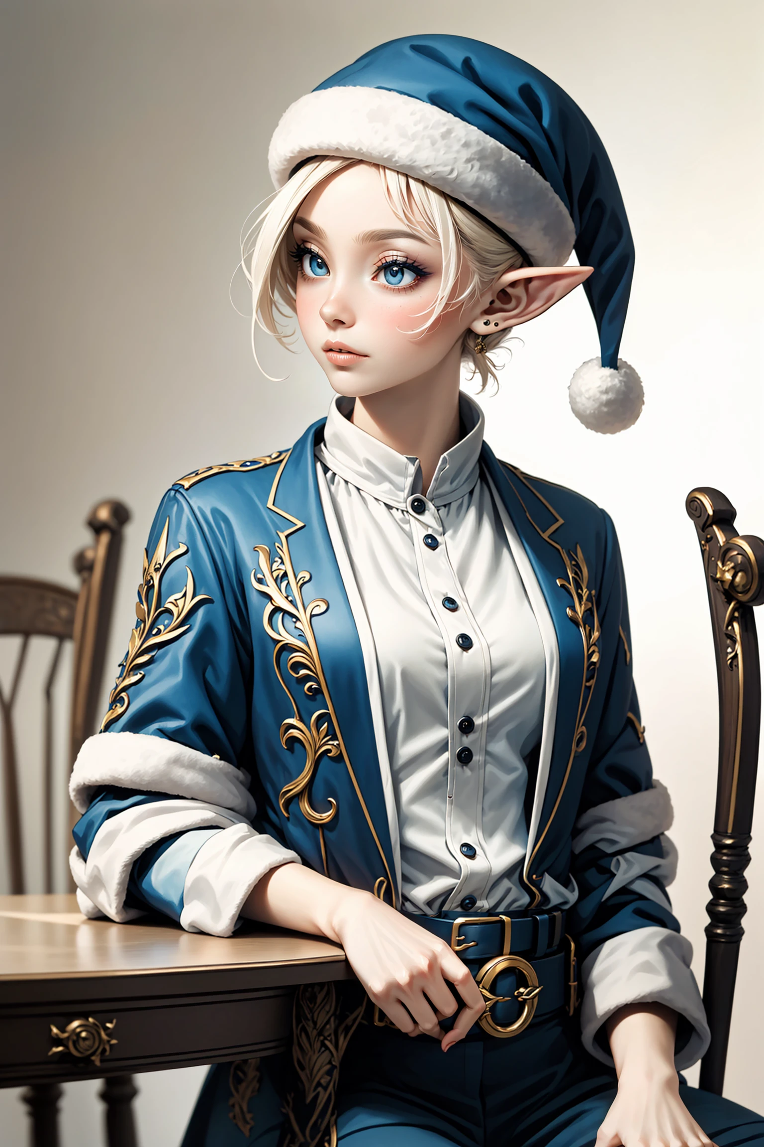 1girl, elf, bangs, hair,
(sitting at a table)
BREAK
EPEpochElvesStyle, ((blue santa oufit:1.4), white fur, black leather belt gold buckle, blue santa hat:1.5), pointy_ears, <lora:EPEpochElvesStyle:.8>
BREAK
pillarboxed, mountaintop city, evening, pray hand on hip, smirk , (festive holiday table settings, radiant and glowing, HDRI:1.2)
BREAK
 f/4, shutter speed 1/125 sec, iso1600, white balance daylight, exposure compensation    "+1.0 ev", shutter priority shooting mode, symmetry and balance, focus mode single, partial metering