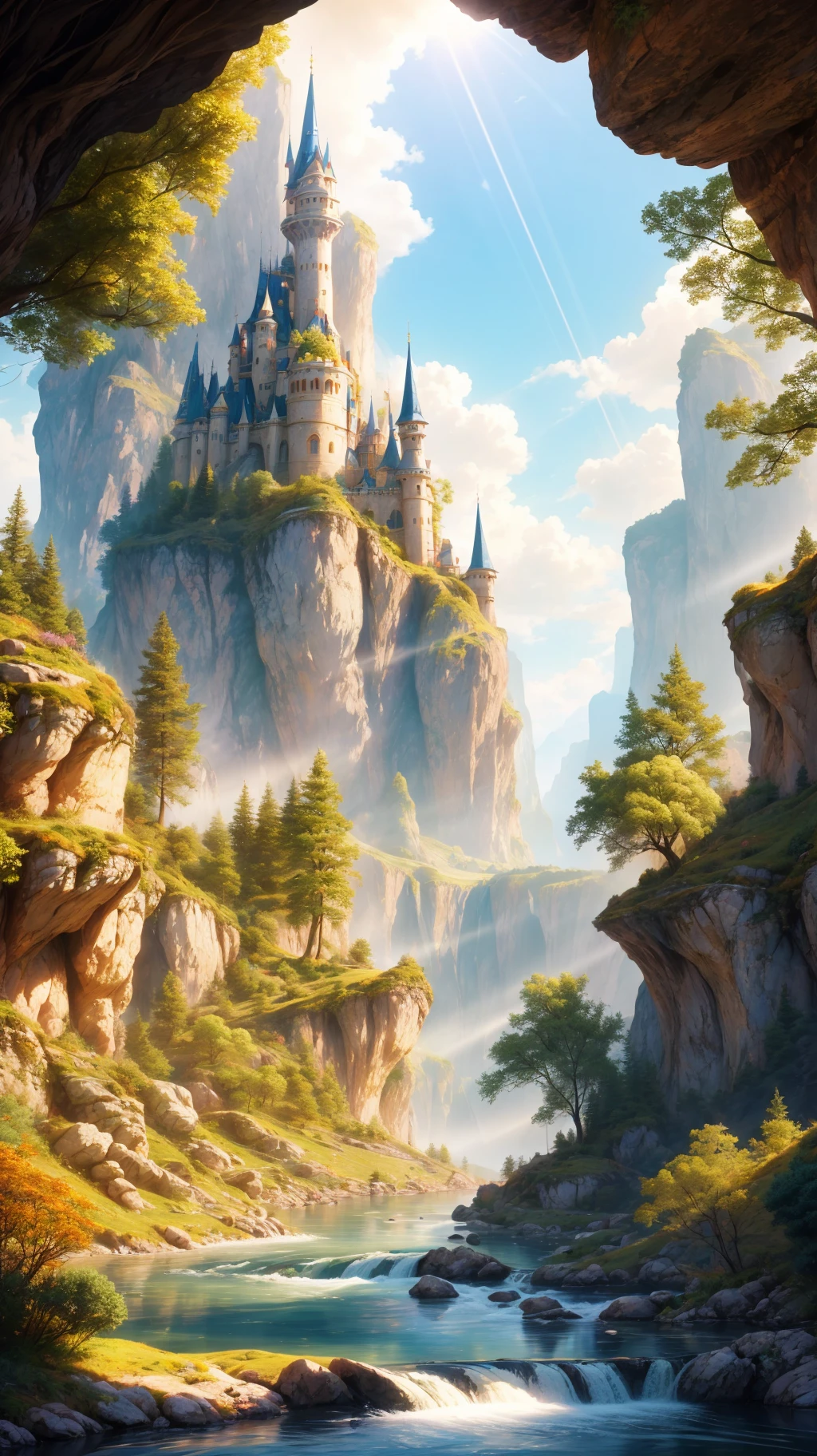 a river runs through a beautiful and colorful fairy tale valley, haze, magic, sun beams, masterpiece, 8k, award winning, high quality, best quality, cinematic, intense lighting, vivid colors, extremely detailed