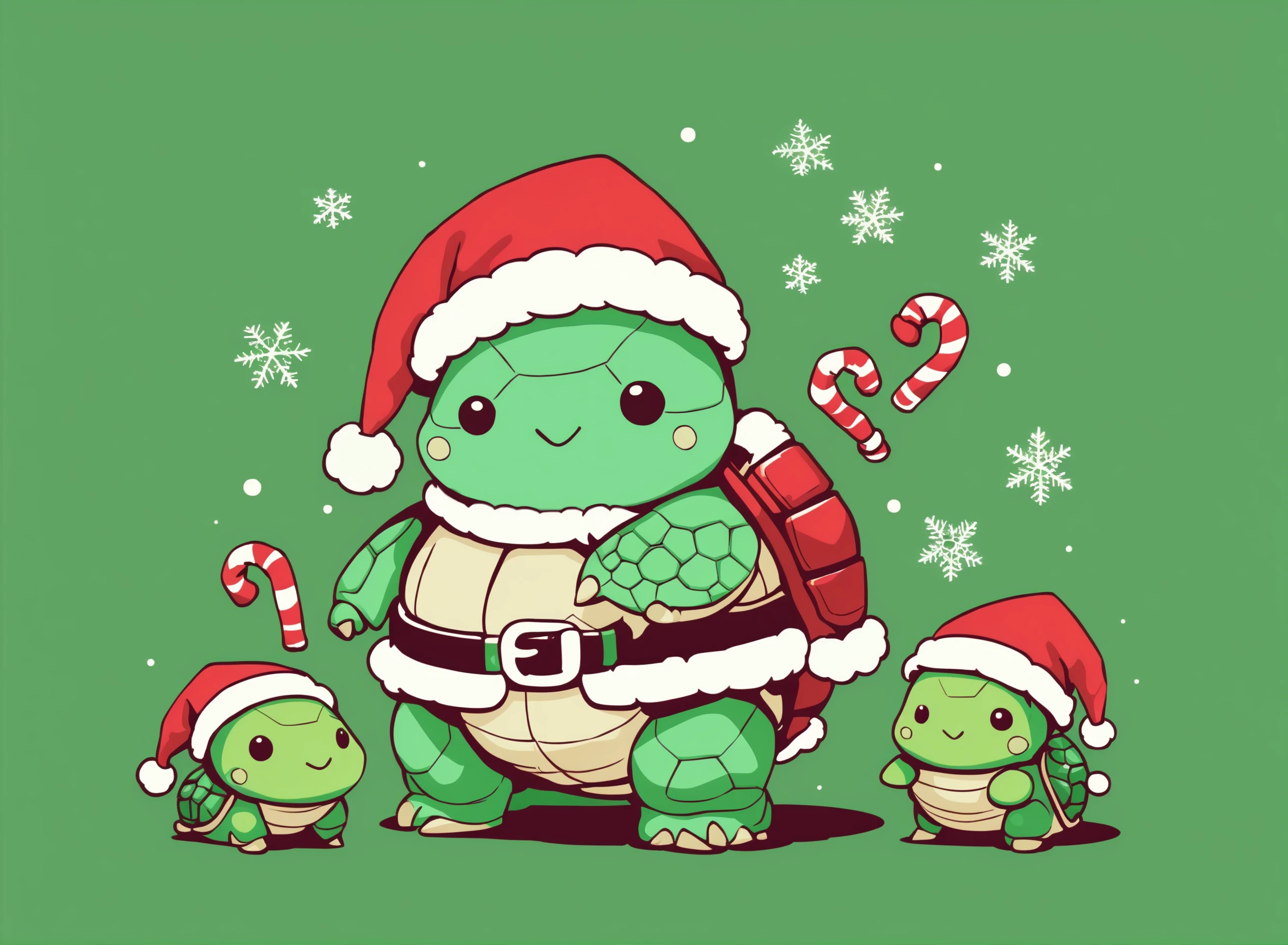 SantaTurtleOverlord, ((no humans)),
Kawaii santa christmas turtle wearing a santa outfit and christmas costume is standing beside some decorations, brilliant vibrant green duotone themes, christmas theme <lora:Earth_SantaTurtles-XL:1>