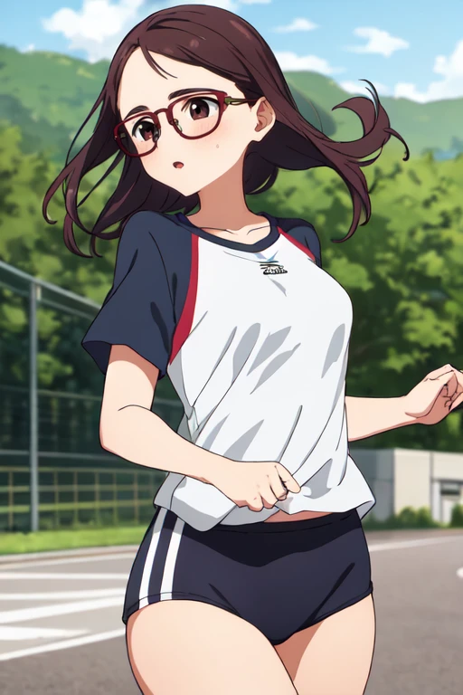 masterpiece, highres, 1girl, <lora:TomonoKojoR4:0.7>, TomonoKojoR4, brown eyes, brown hair, glasses, small breasts, sport clothing, run, park