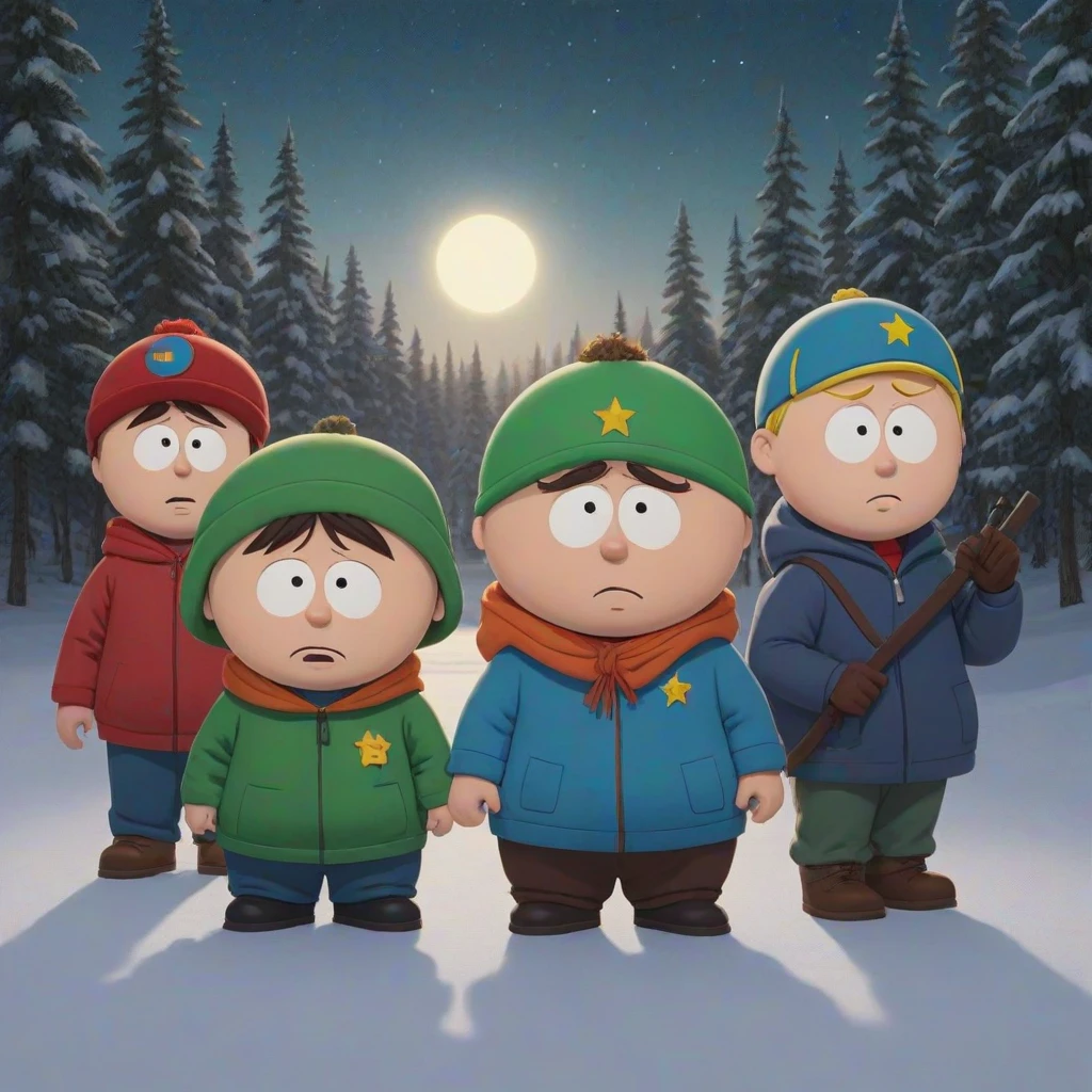 cinematic shot of the four main characters from south park in the cartoon style of pixar, Stan Marsh, Kyle Broflovski, Eric Cartman, and Kenny McCormick