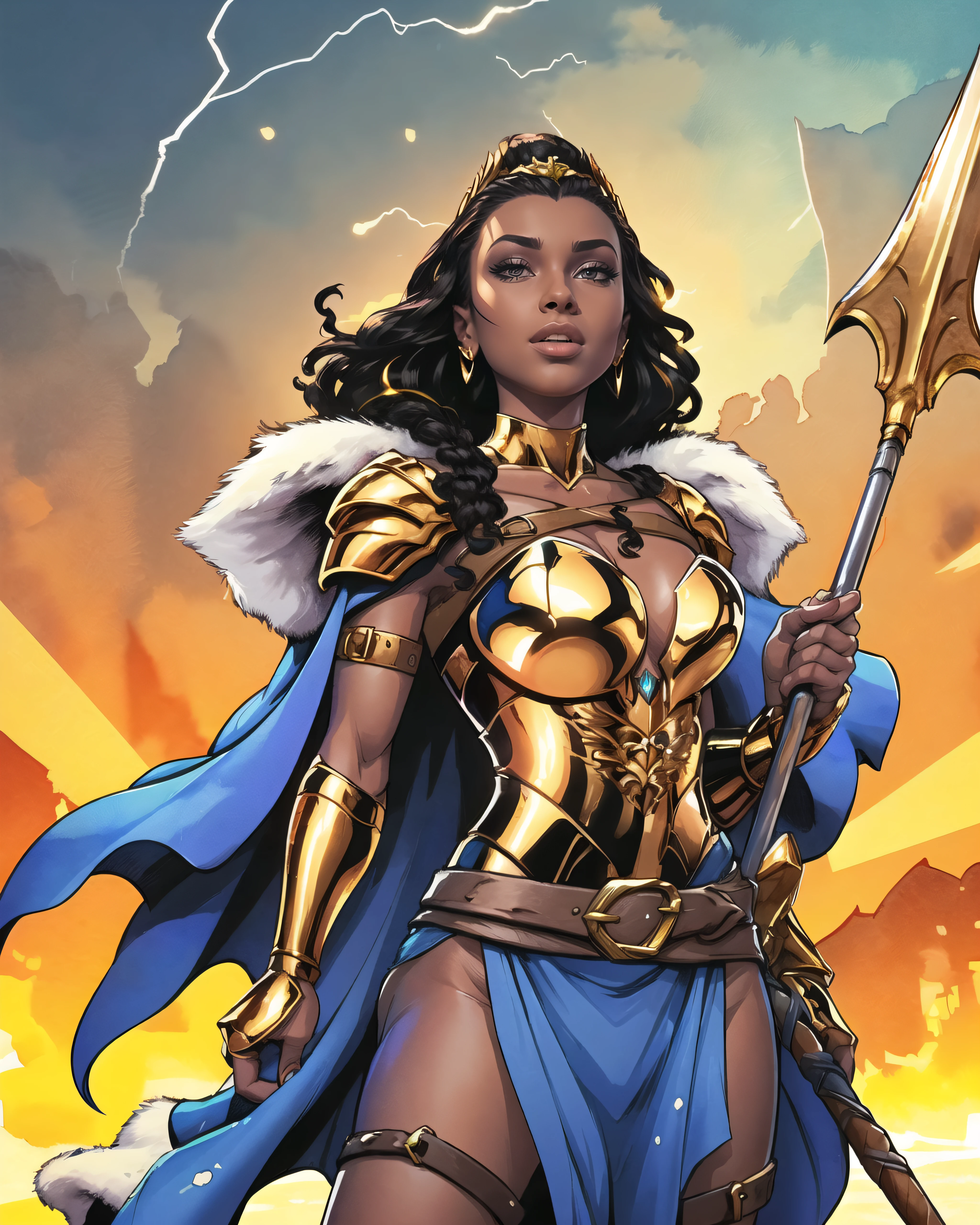 highly insanely detailed, masterpiece, top quality, best quality, highres, 4k, 8k, RAW photo, (1girl),solo,nubia, fur trim, dark hair,(long hair), dreadlocks,dark skinned female, bikini armor, pauldron, headdress, pelvic curtain, belt, cape, gauntlets, gold armor, greaves, hair ornament, vambraces,
nsfw,
watercolor, lineart,
brown eyes,
floating hair,
night, ruins,
large breasts,
cowboy shot,
blue dress,
standing, holding weapon, holding polearm,
blurry background,barefoot,
looking at viewer,
(random colors), (dynamic colors), <lora:Nubia_v01-000003:0.80>