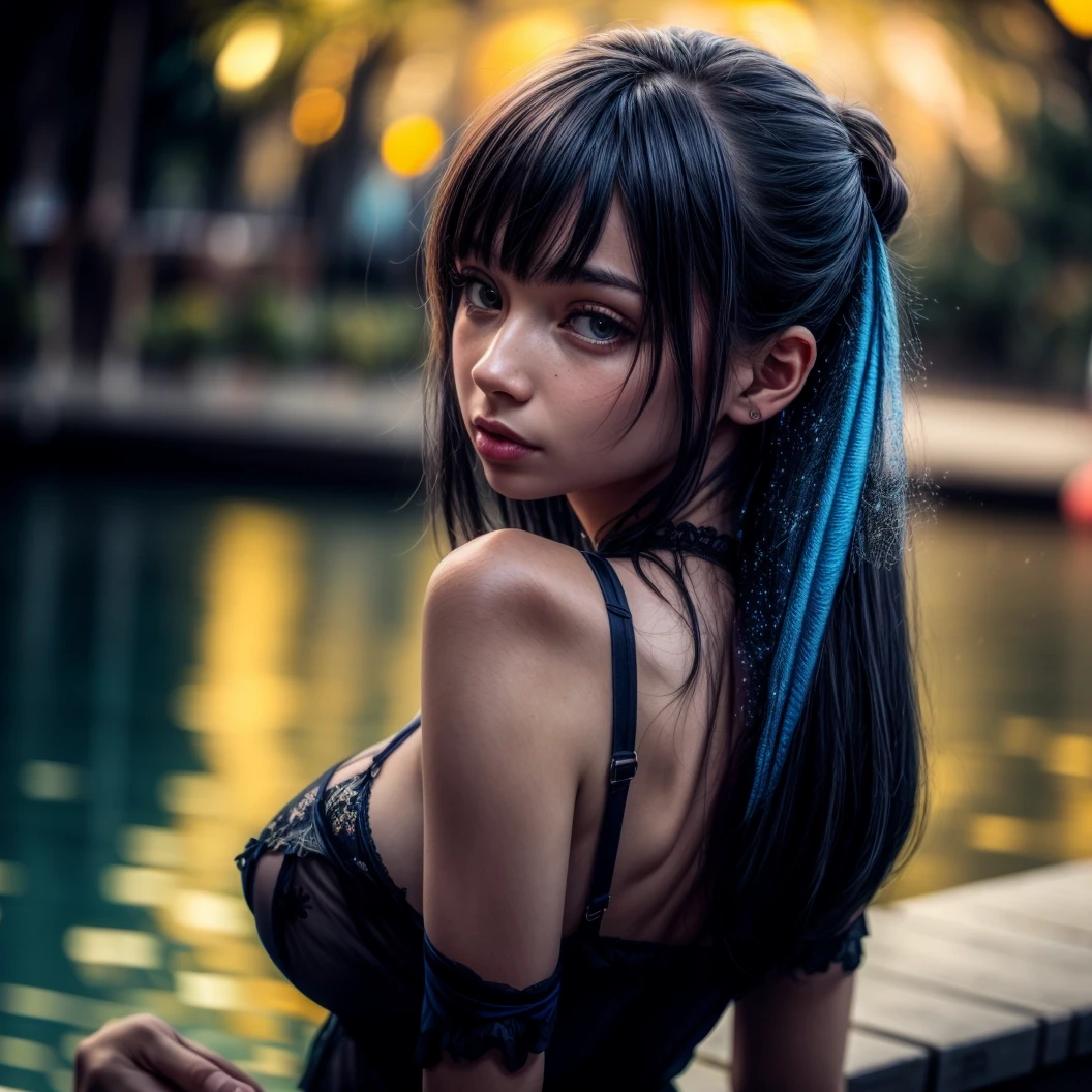 photo of 18yo girl, nsfw, (Blue mohair dress and black tighs and black garter belt:1.2), perfect iris, long hair, 1girl, solo, (showing the back:1.1) , (background in a valley with coloful series of leds and a pond:1.3),  bokeh, RAW photo, high quality, 35mm photograph, film grain, bokeh, professional, 4k, highly detailed, prime lens, manual focus, polarizer filter, long exposure, color grading, depth of field, bracketing, manual settings, filters, composition rules, highly detailed cloth, perfect ligh filtering, high-resolution sensor, image stabilization, remote shutter release, lens quality, color depth, calibrated monitor, advanced post-processing, (film grain:1.1), (Bokeh effect), vivid colors.  <lora:nsfw0.3.5:0.6> <lora:more_details:0.75> <lora:add_detail:0.5> <lora:perfecteyes:0.2>