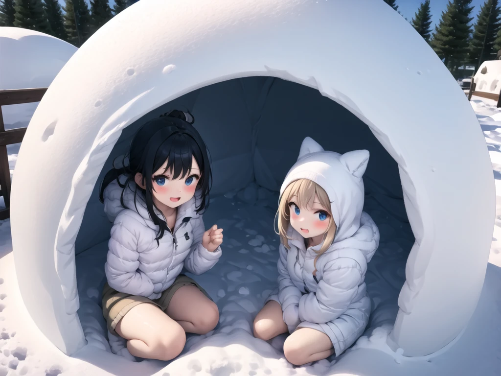 in snow igloo, 2 girls <lora:kamakura-001_0.7:1>