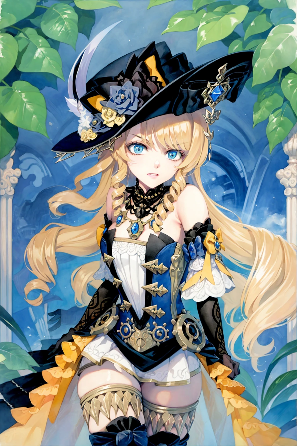 masterpiece, best quality, <lora:style19:1>,watercolor \(medium\), traditional media,
<lora:navia:1>,1girl, blonde hair, solo, hat, blue eyes, long hair, gloves, drill hair, dress, thighhighs,black gloves, black headwear, thigh boots, bangs, elbow gloves, bare shoulders, parasol, boots, jewelry, flower, twin drills,