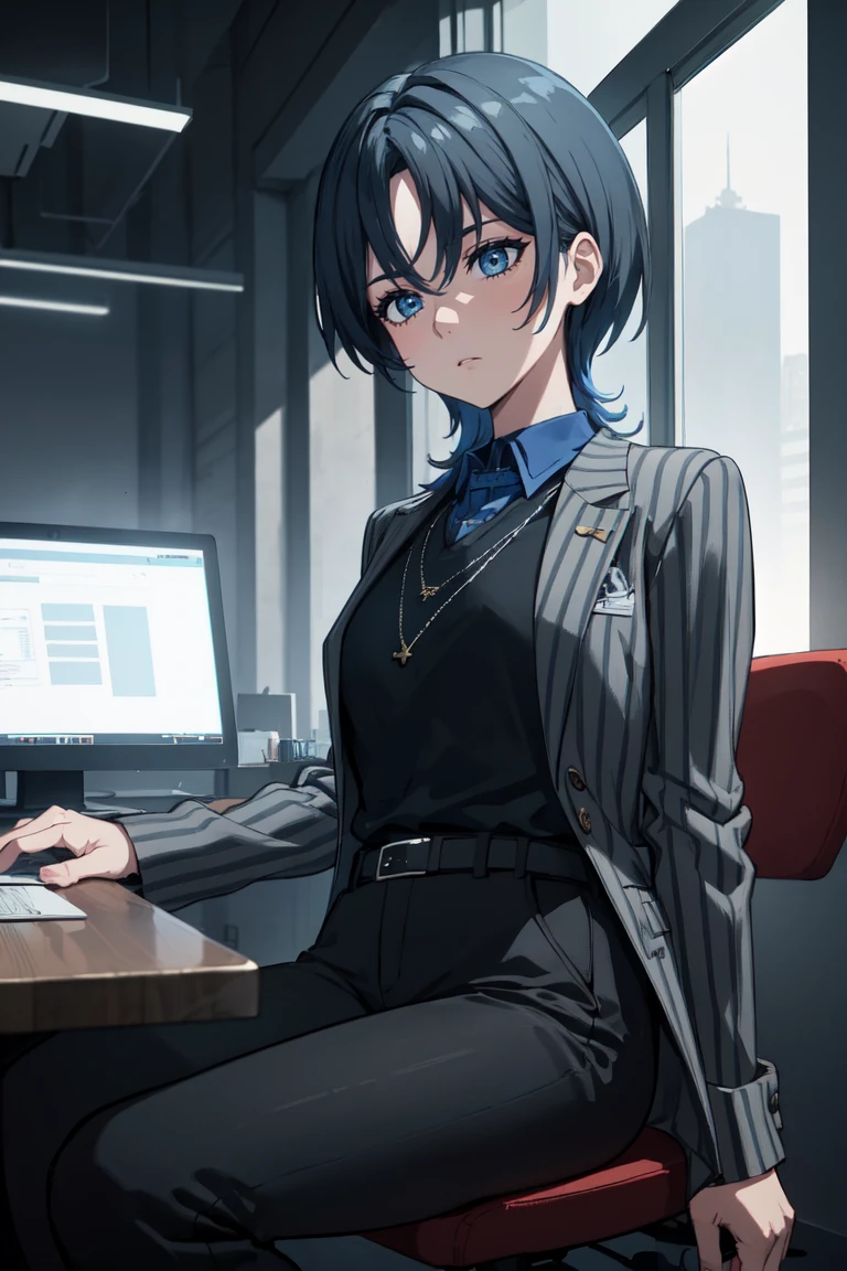masterpiece, best quality, absurdres, HiodoshiAo, parted bangs, formal, striped jacket, collared shirt, necklace, belt, black pants, expressionless, sitting, chair, office, indoors, window, skyscraper, <lora:HiodoshiAo:1>