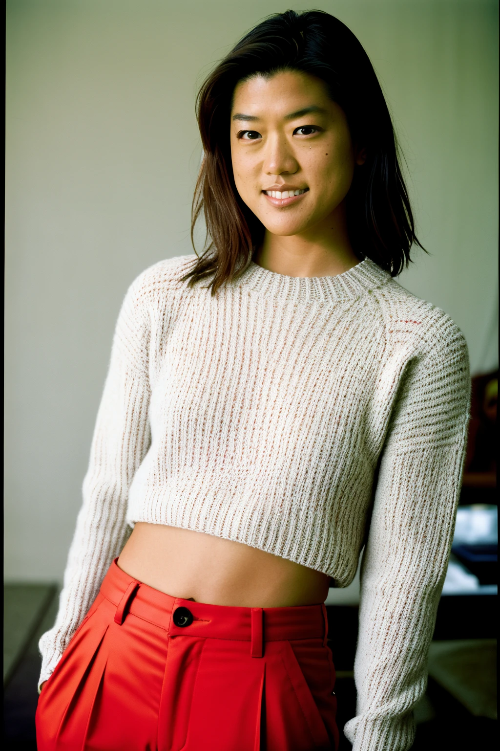 disposable camera photo, 1girl, gracepark, sweater, pants, skin detail, smile, indoors, perfect lighting  <lora:GracePark:1>