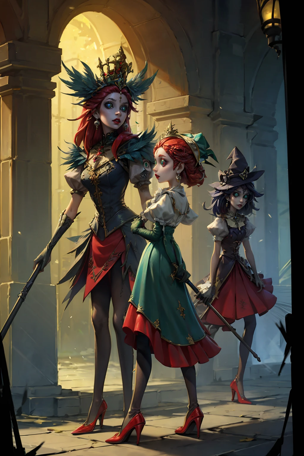 HEZI, the fifth personality, multiple girls, jewelry, earrings, dress, hat, high heels, crown, black hair, green eyes, long hair, red footwear, gloves, witch hat, staff, lamppost, holding, 3girls, colored skin, elbow gloves, red hair, red dress, puffy sleeves, boots, witch, short sleeves, makeup, standing, shoes, red lips, blue eyes, lipstick, skull, puffy short sleeves, mask, glowing, holding staff, weapon, red skirt, grey skin, black headwear, high heel boots, skirt, multicolored hair, blue dress, red eyes, looking at viewer, two-tone hair, feather trim, closed mouth, 4girls, parted lips, feathers, looking at another, signature, teeth, lips, colored sclera, black skin, outdoors, cape<lora:第äºäººæ ¼-000010:0.7>,